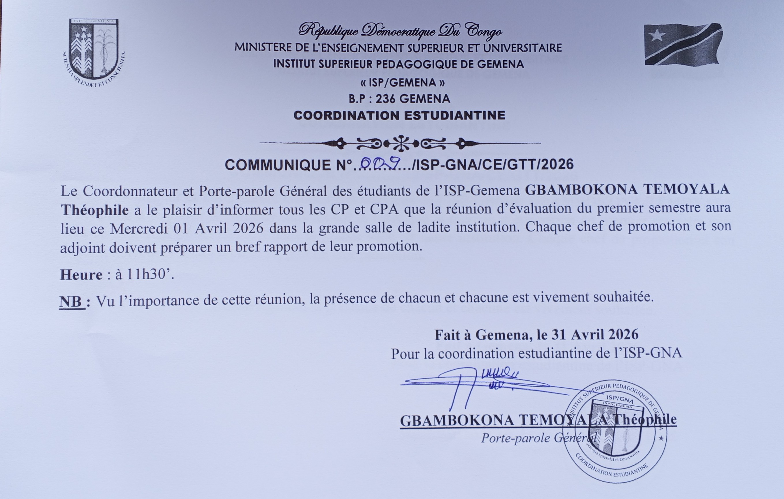 COMMUNIQUÉ DE LA COORDINATION ESTUDIANTINE ISP/GNA